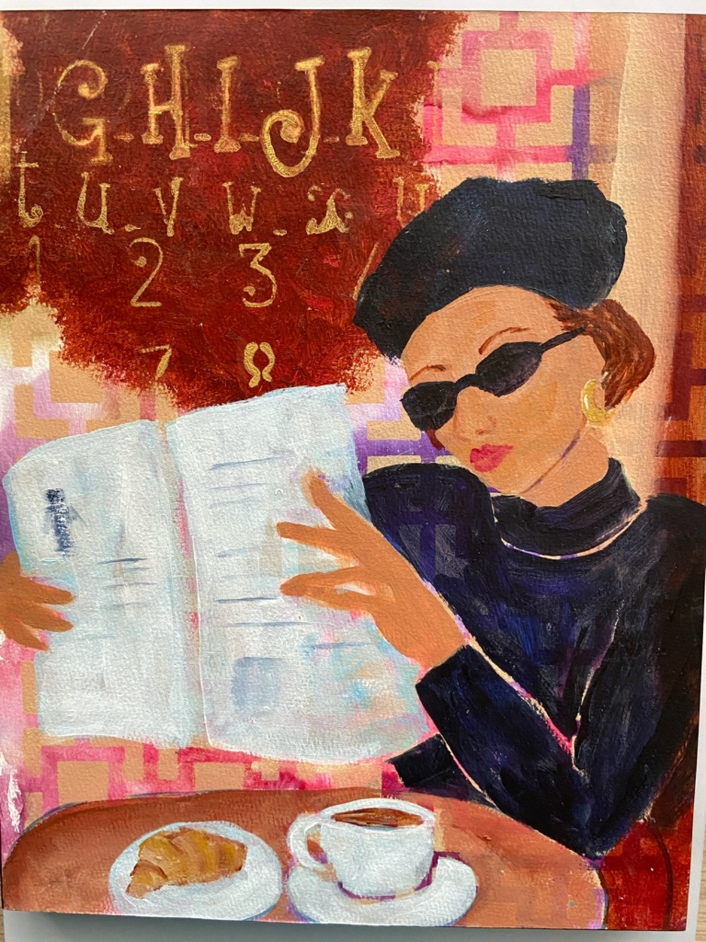 Café Chronicles Original Acrylic on Canvas Panel Woman Reading Art